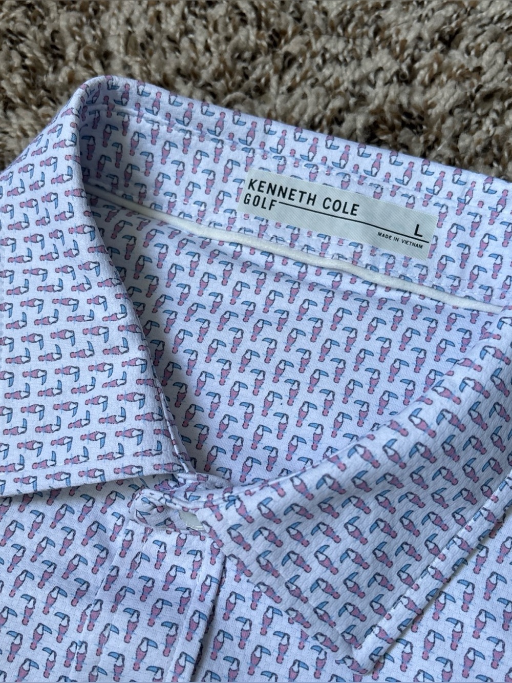 Kenneth Cole White Polo with Pink and Blue Golf Print